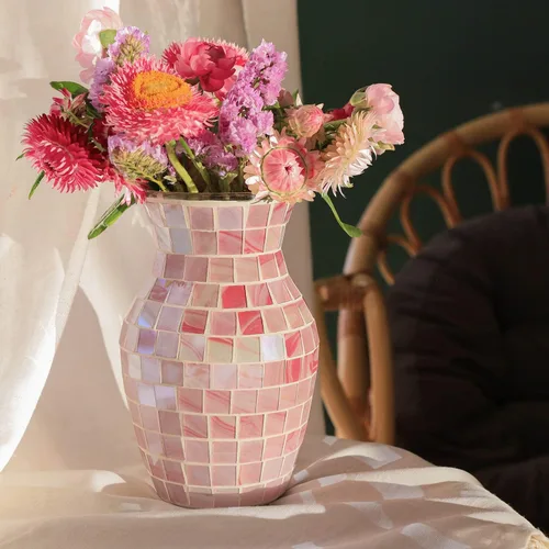 Florero rosa para flores, jarrones de flores de mosaico para decoración del hogar, florero de vidrio decorativo para oficina, dormitorio, cocina,