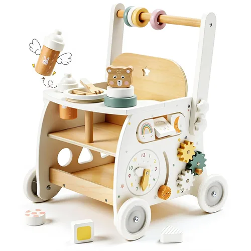 labebe Andador de bebé de madera, Andador de empuje para bebé con muñeca, Andador de actividad con ruedas para niños de 18 meses +, velocidad