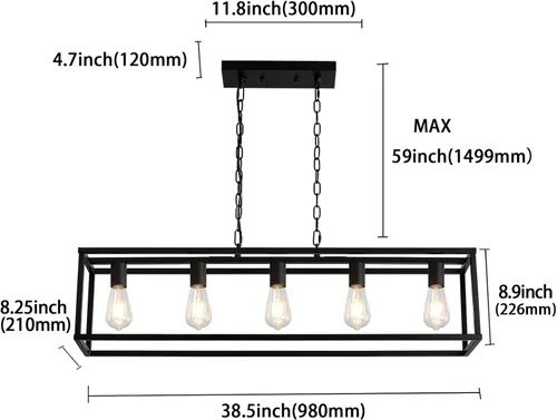Miniatura 4 de Lámpara de granja para comedor, 5 luces colgantes negras, para colgar en la isla de cocina, lámpara de techo lineal con cadenas ajustables