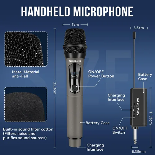 Miniatura 6 de NEW BAXS Micrófonos inalámbricos, sistema de micrófono dual de karaoke, Microfonos Inalambricos con receptor recargable, juego de micrófono dinámico