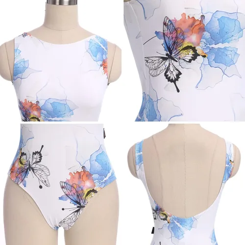 Miniatura 48 de AFAVOM Leotardos de ballet para mujeres adultas con estampado de flores de mariposa sin espalda, leotardos de gimnasia con brasier y prácticas