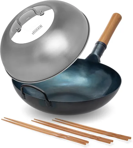 YOSUKATA Wok Pan de fondo plano - Wok de acero al carbono azul de 13.5 pulgadas + tapa de wok de 12.8 pulgadas + palillos de cocina largos de madera