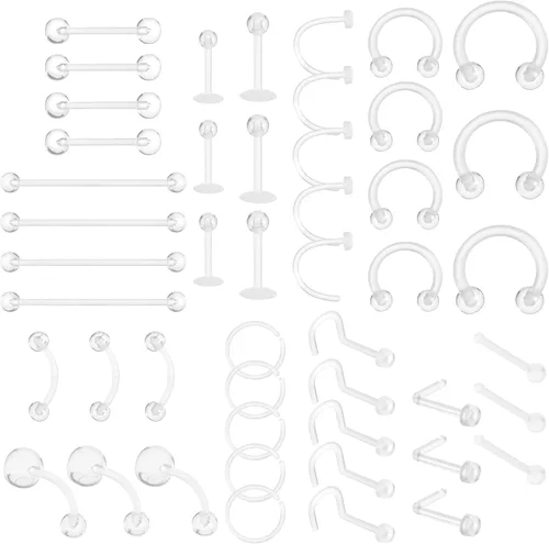 Lusofie Paquete de 48 retenedores de perforación transparentes, retenedores de plástico flexible sin BPA para labio/nariz, ceja/ombligo, seguro para