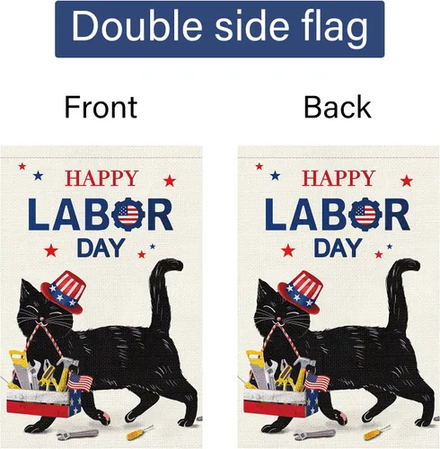 Miniatura 6 de Louise Maelys Bandera de jardín con texto en inglés «Happy Labor Day» de doble cara vertical, arpillera con gato negro pequeño, jardín, patio, casa