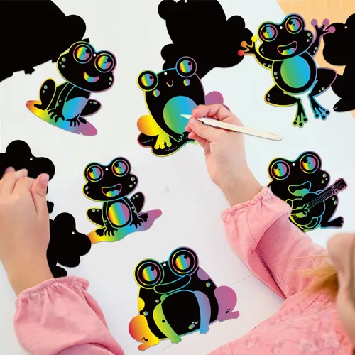 Miniatura 5 de HubirdSall 60 piezas de ranas funky Scratch Art para niños, primavera y verano, rana de color mágico, manualidades de Pascua, kit de adornos