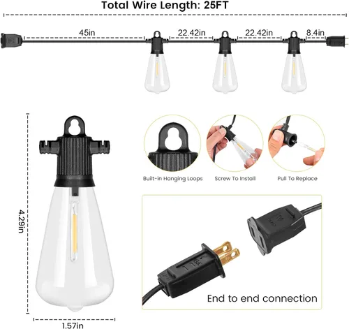 Miniatura 6 de Zuske Cadena de luces para exteriores de 25 pies, luces LED colgantes para patio con 12 bombillas inastillables, luces impermeables