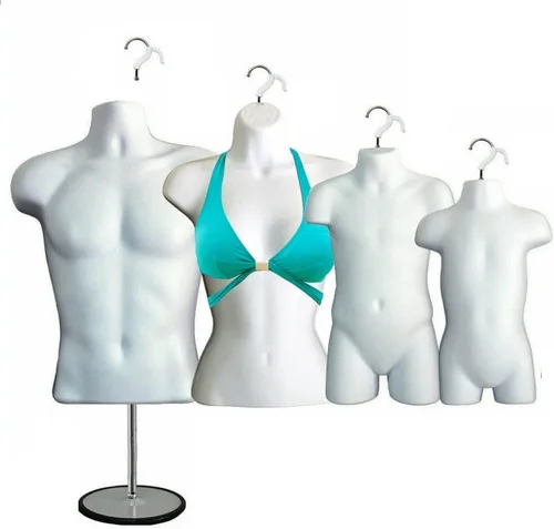Miniatura 15 de 4 formas de maniquí negro con soportes de metal - Juego de maniquíes colgantes de torso largo para hombre, mujer, niño y bebé con cadera