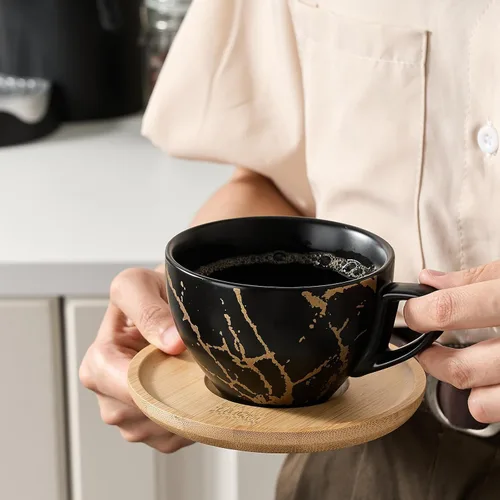Miniatura 7 de LUKA - Juego de tazas de café de cerámica con platillos y soporte de metal, tazas de capuchino apilables de 8 onzas, taza de té para té, espresso