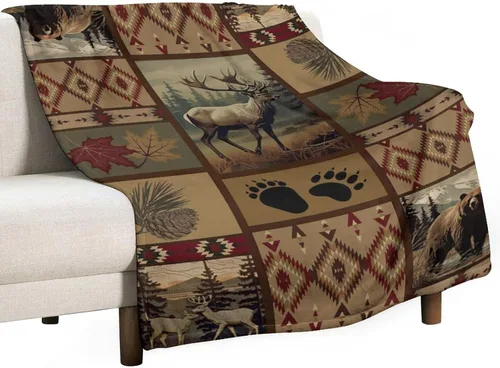 Miniatura 25 de Mantas de franela retro con alces y ciervos, estilo vintage de cabaña campestre rústica de montaña y granja, manta de cama para sofá, silla y cama