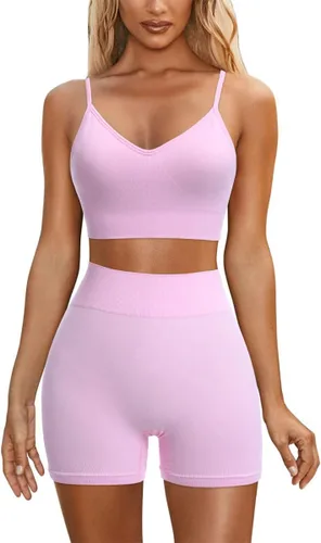 IWEMEK Conjuntos de entrenamiento sin costuras para mujer, brasier deportivo con tirantes cruzados, cintura alta, pantalones cortos de ciclista de 2