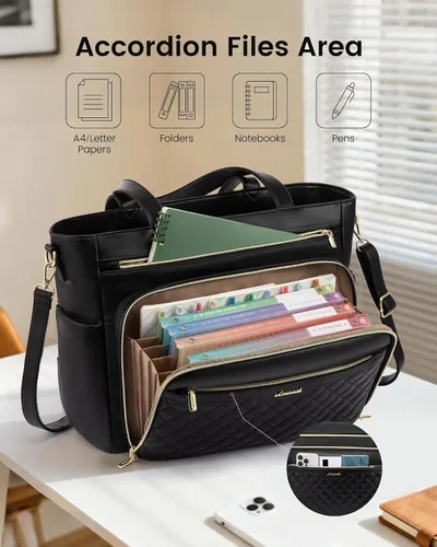 Miniatura 4 de LOVEVOOK: bolsa de mano para profesores con bolsillo de acordeón, maletín de trabajo de cuero PU suave acolchado, bolsa para laptop con portavasos