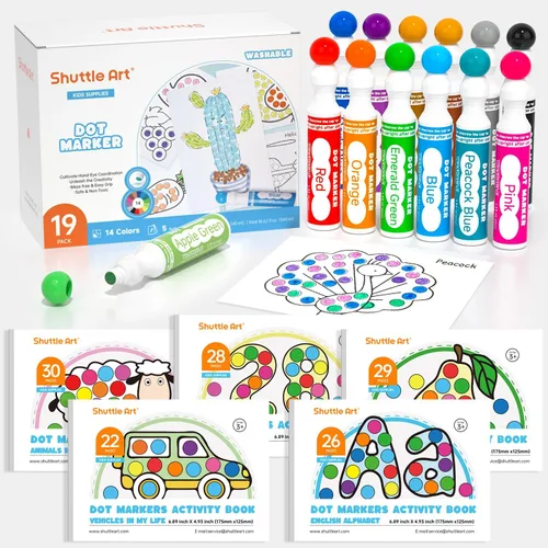 Marcadores de puntos Shuttle Art, rotuladores de bingo de 14 colores con 135 patrones, 5 libros de actividades, set educativo con actividades 14