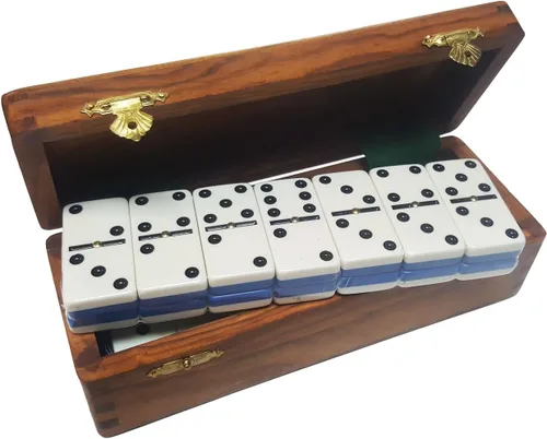 Miniatura 3 de Marion Dominó Doble Seis Dos Tonos Azul y Blanco Tamaño de Torneo Profesional Jumbo con Giradores en Caja de Madera de Sheesham Dovetail. Dos tonos