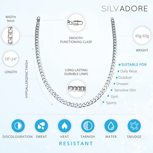 Miniatura 4 de Silvadore Collar de cadena de plata de 0.354 in de grosor para hombre, eslabones cubanos planos de acero inoxidable Miami, joyería de por vida