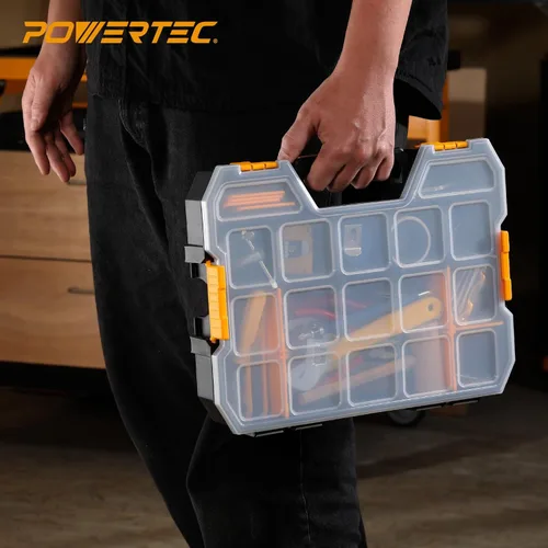 Miniatura 6 de POWERTEC Caja organizadora de herramientas apilable con separadores extraíbles, 17 compartimentos, entrelazado, diseño portátil, paquete de 2 Caja