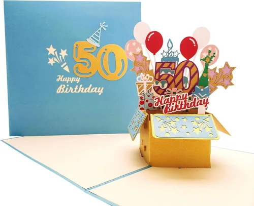 iGifts And Cards Tarjeta de felicitación desplegable 3D con caja de fiesta de cumpleaños número 50 color azul – Cincuenta, impresionante, globos,