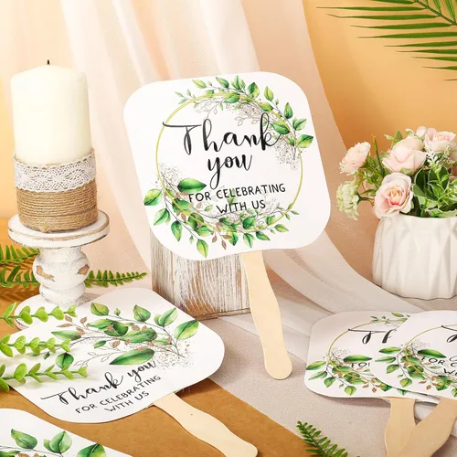 Miniatura 2 de Tradder 50 abanicos de papel de mano de boda a granel con mango de madera para invitados, regalos de despedida de soltera, hojas verdes, gracias por
