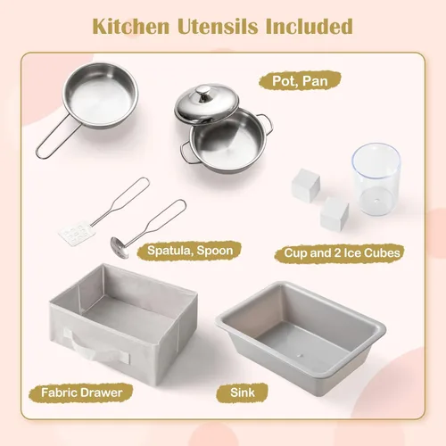 Miniatura 8 de INFANS Juego de cocina para niños, juego de juguetes de cocina de madera para niños pequeños con tablero de dibujo acrílico, máquina de hielo, Blanco