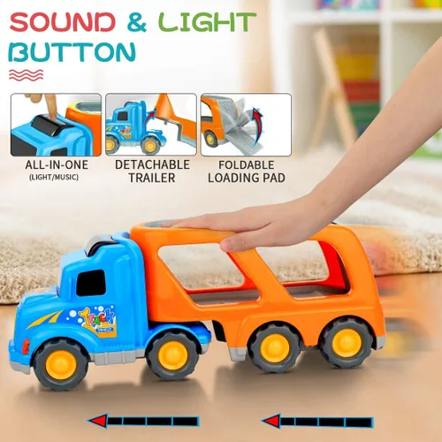 Miniatura 8 de Forty4 Paquete de 9 autos de juguetes para niños y niñas de 2, 3, 4, 5 años, camión de transporte grande con 8 pequeños camiones de tracción