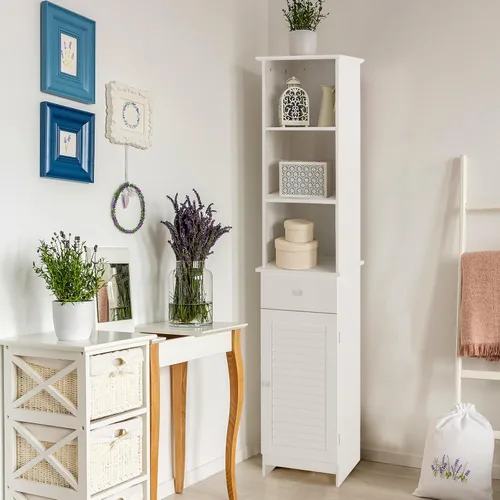 Miniatura 2 de MAT EXPERT Armario alto de baño, armario de almacenamiento independiente con estante y cajón de 3 niveles, torre estrecha de lino para baño