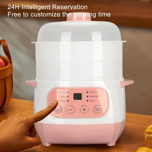 Miniatura 5 de Olla eléctrica para estofado, 1 litro, 200 W, temporizador de citas, olla de cocción lenta inteligente con vaporizador y hervir seco, mini olla