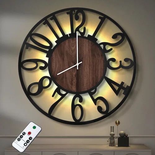 Miniatura 18 de LEIKE Relojes de pared a pilas con control remoto, luz nocturna, silencioso, sin tictac, reloj de madera grande rústico moderno para sala de estar