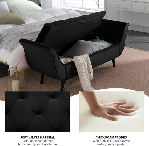 Miniatura 3 de Banco de almacenamiento de terciopelo para dormitorio, extremo de la cama con 2 almohadas, banco otomano tapizado con botones copetudos, reposapiés