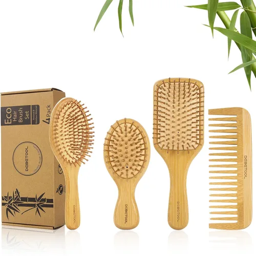 DEBETOOL Juego de Cepillos de Cabello de Bambú, Peine de Paleta de Bambú de Madera Natural Desenredante para el Crecimiento del Cabello - Peine de