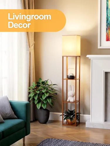 Miniatura 6 de Lámpara de pie con estantes para sala de estar color marrón nogal, lámpara de pie con estante con bombilla LED de 3 CCT, lámpara de columna de pie