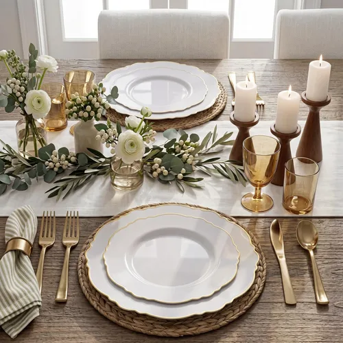 Miniatura 2 de WDF: 100 platos desechables de plástico, platos desechables barrocos color blanco y oro para fiestas de lujo y bodas, incluyendo 50 platos de Dorado