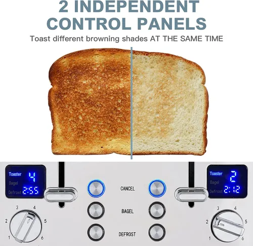 Miniatura 2 de CUSIMAX Tostadora de 4 rebanadas, pantalla LED ultra clara y ranuras extra anchas, tostadora de acero inoxidable con paneles de control dobles de 6