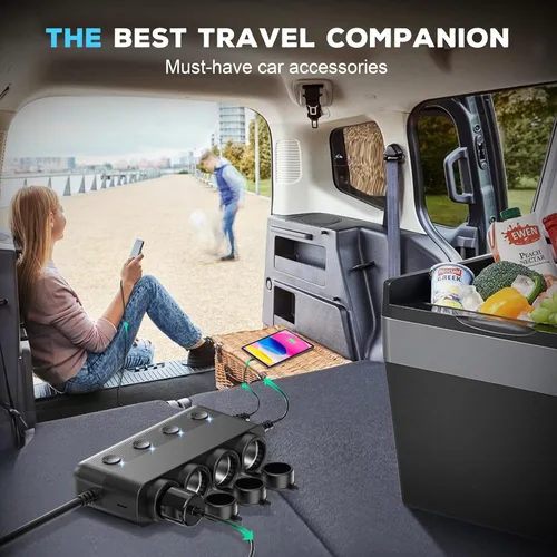 Miniatura 7 de Cargador de coche divisor de encendedor de cigarrillos, 300 W, 4 enchufes, adaptador de 12 V con doble PD 36 W y QC3.0 USB C multipuerto