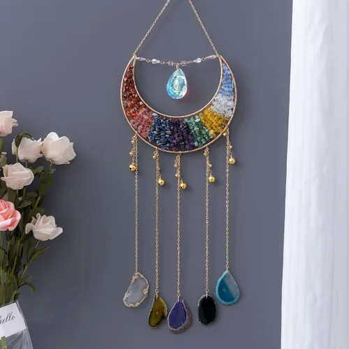 Miniatura 6 de Adorno de Ágata de Piedra de Cristal Gema Natural Árbol de la Vida Luna Atrapasueños con Cristal 7 Chakra Piedras Preciosas Atrapasueños de Arcoíris