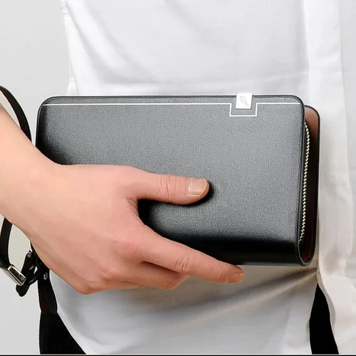 Miniatura 6 de Bolso de mano para hombre, bolso de mano de cuero genuino, con cremallera, cartera larga, para negocios, grande, soporte para teléfono