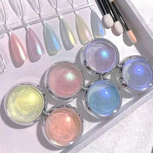Miniatura 2 de 6 tarros de polvo de uñas cromado de sirena, aurora, brillo metálico, efecto espejo, pigmento, polvo iridiscente, polvo de arte de uñas para mujeres