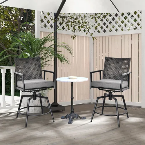 Miniatura 2 de COSTWAY Juego de 2 taburetes de bar giratorios para patio, silla de bar con marco de metal, respaldo de ratán de polietileno, cojín acolchado