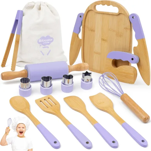 Miniatura 7 de Juego de cocina Montessori de madera para niños, herramientas de cocina reales y utensilios para hornear, kit de cocina de 15 piezas para niños