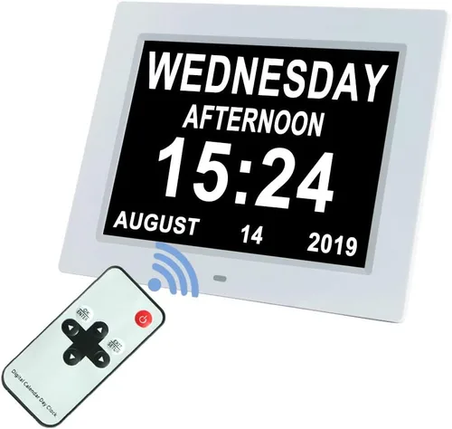 Aowasi [Actualizado de 10 pulgadas] Reloj digital con calendario de día con atenuación automática y 8 opciones de alarma, extra grande, sin