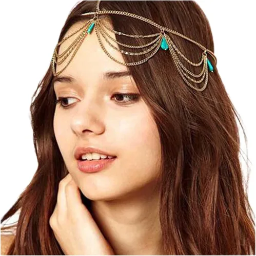 Diadema bohemia turquesa dorada con borlas en capas, cadena de pelo gitano, festival, boda, tocado decorativo, accesorios para el cabello, regalos