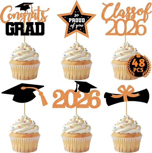 Miniatura 9 de 48 adornos para cupcakes de graduación, 6 estilos con purpurina, decoraciones de graduación en negro y rojo 2026, tapas y palillos para pasteles