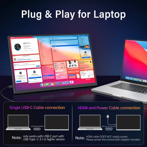 Miniatura 5 de Monitor portátil de 18.5 pulgadas 100Hz FHD USB-C HDMI, monitor de viaje, extensor de pantalla de segunda pantalla con soporte integrado, VESA