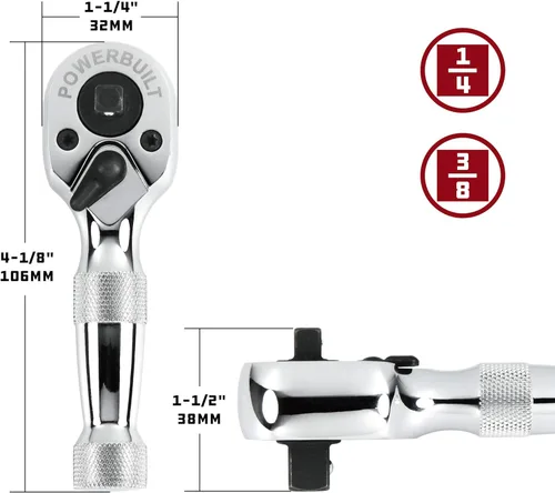 Miniatura 3 de Powerbuilt Trinquete recortado, Trinquete de doble cabeza, accionamiento de 1/4 pulgada y 3/8 pulgada, interruptor reversible, 72 dientes, espacio