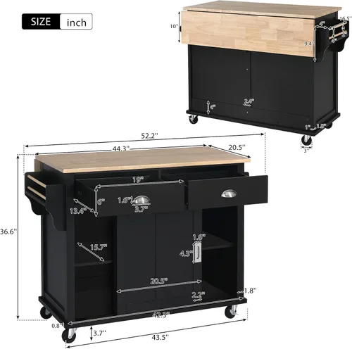 Miniatura 6 de Olela Carrito de isla de cocina con hojas colgantes de madera, mesa de cocina rodante con armario de almacenamiento y toallero, estante ajustable