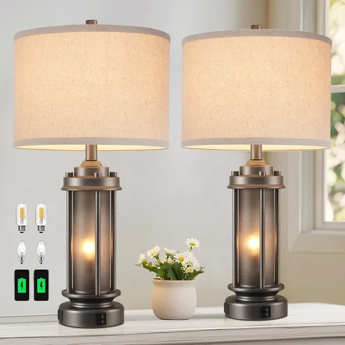 Miniatura 11 de Lámpara de mesa de granja de 25 pulgadas con 2 puertos de carga USB, lámpara de mesita de noche rústica vintage con luz nocturna de vidrio