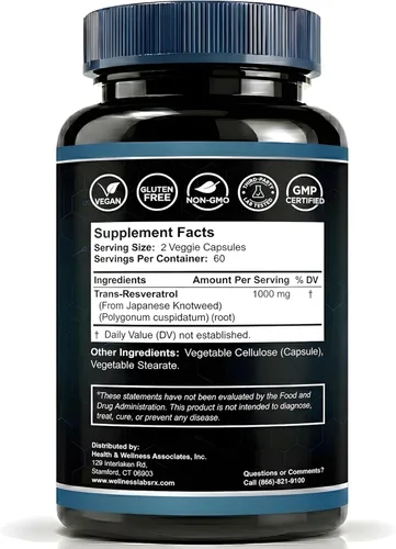 Miniatura 2 de WELLNESS LABSRX Suplemento de resveratrol de 1000 mg, 120 cápsulas (suministro de 60 días), trans-resveratrol de alta pureza ultra fuerte para un