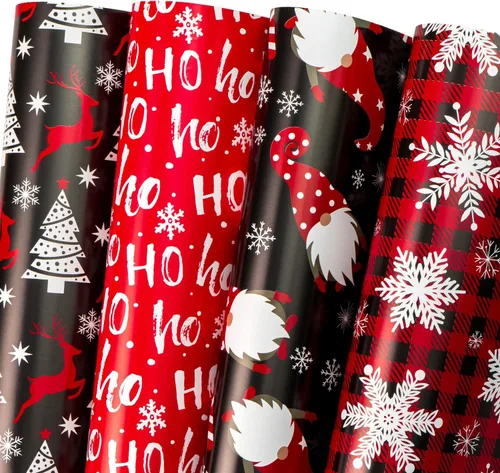 Miniatura 13 de WRAPAHOLIC Hoja de papel de regalo de Navidad, 12 hojas de diseño de árbol de Navidad rosa y casa, plegada plana con 12 etiquetas de regalo