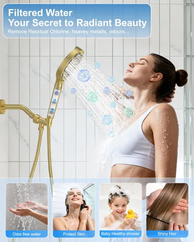 Miniatura 6 de 11" Brushed Gold Rainfall Shower System – Complete Spa Faucet Set with Filtered Handheld Sprayer & Mixer Valve – Modern High Pressure Bathroom