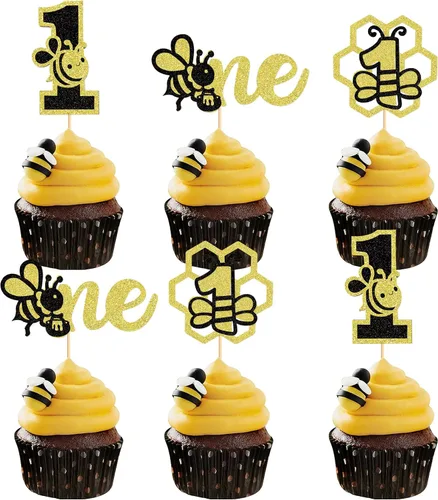 Miniatura 8 de Ercadio 24 piezas de decoración de cupcakes de abeja con purpurina de nido de abeja y miel para temática de abejas, baby shower, niños y niñas