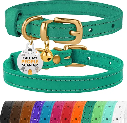Miniatura 28 de BRONZEDOG Collar de cuero para gato con campanas extraíbles sin liberación rápida, etiqueta QR para gatito para niña y niño