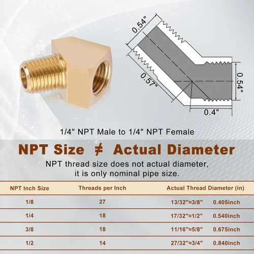 Miniatura 2 de 2 piezas 1/4" Accesorios de latón 45 grados Codo de calle de barra 1/4" NPT macho Tubo a 1/4" NPT hembra Tubo de latón forjado Accesorios de tubo